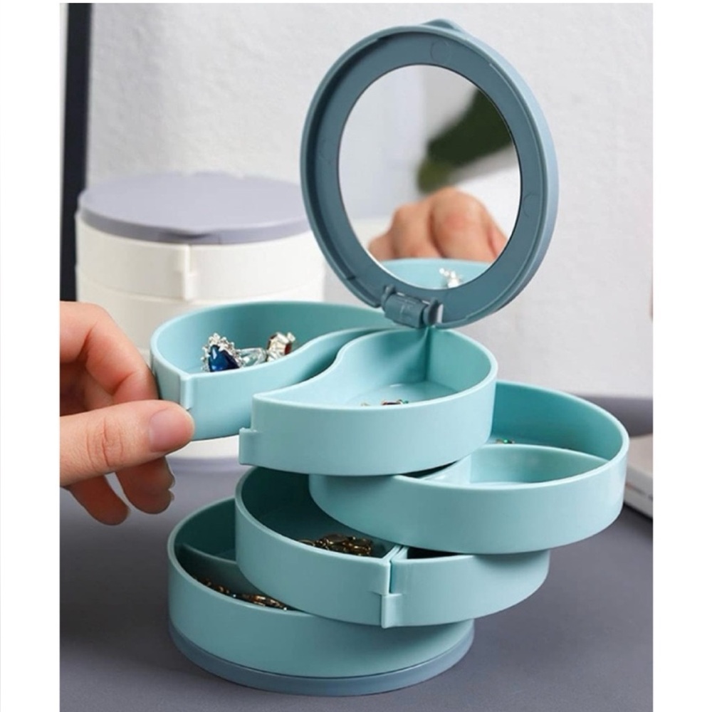 NEW 4-Tier Blue Rotating Jewelry Organizer w/ Mirror - Picture 2 of 10